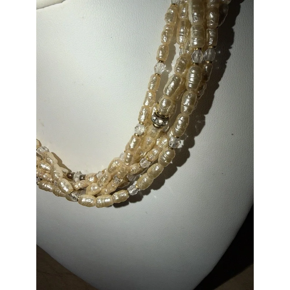 Vintage 6 Strand Pearl Pendant Necklace Gold Tone Clasp Rhinestones 17